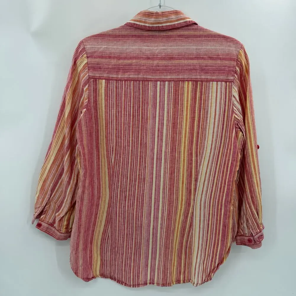 COLDWATER CREEK Linen Striped Shirt Size M 3/4 Sleeve Top Shirt Tail Hem Sunset